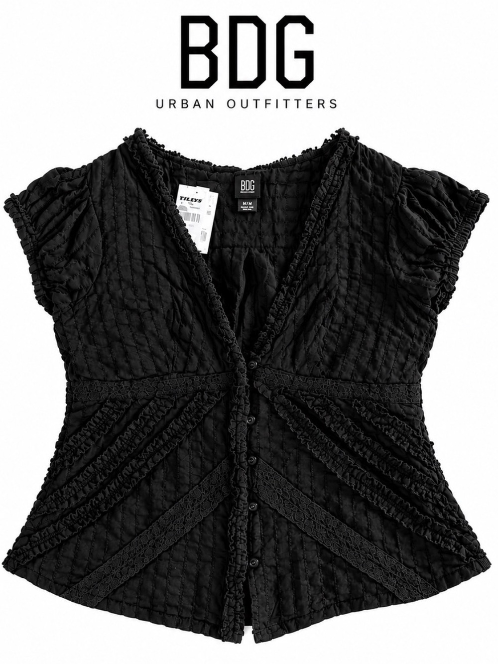 BDG Black Ruffle Top - Lace Button-Front Textured - Picture 2 of 3